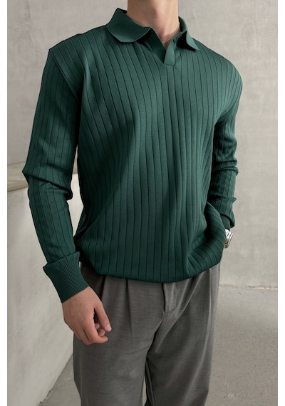 Erkek Polo Yaka Fitilli Oversize Triko Kazak Yeşil