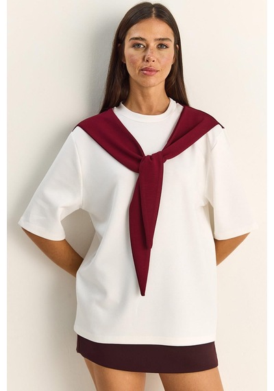 Shade Kadın Şal Detaylı Oversize Basic T-shirt 1094 60286118 - Beyaz-bordo Çok Renkli