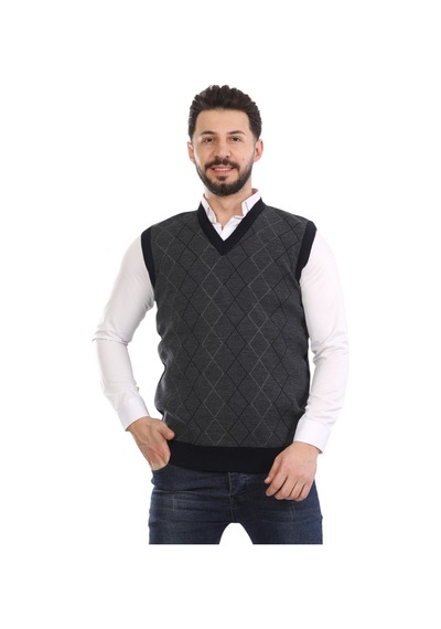 Kzc Tekstil Erkek Baba Ve Orta Yaş Baklava Çizgi Desenli Akrilik Kalın Dokulu V Yaka Triko Süveter Lacivert