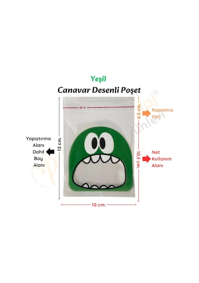 25 Adet Yeşil Canavar Desenli Cake Pop & Kurabiye Poşeti-10x15 Cm
