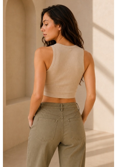 Loule Kadın 3'lü Bisiklet Yaka Kolsuz Crop Top Beyaz-bej-kahverengi Çok Renkli