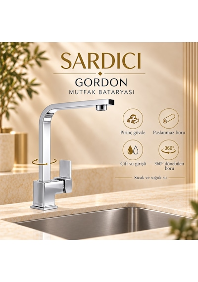 Sardıcı Gordon 3 Lü Mutfak Lavabo Banyo Batarya Seti Pirinç Gövde Çift Su Girişli Krom