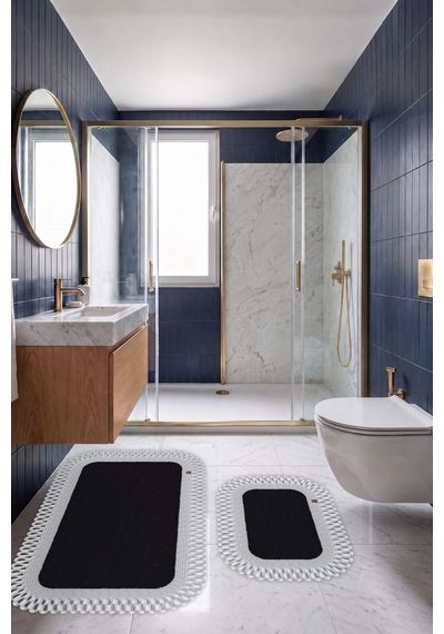 Banyo Paspası Takımı 70x110+50x70 Cm Dış Trikot Siyah & Gümüş Gri