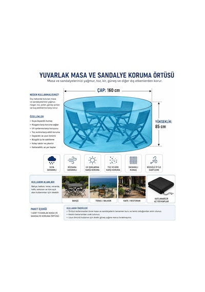230 X 90 Yuvarlak Bahçe Masa Sandalye Takımı Koruma Örtüsü Siyah Su Geçirmez Büzgülü Dış Mekan Mobilya Kılıfı Siyah