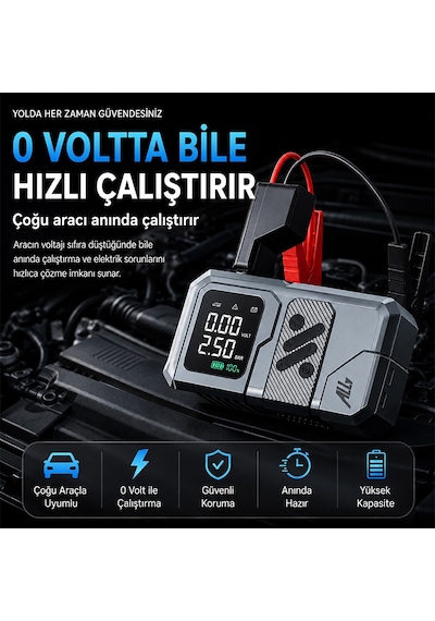 Ally 4 İn1 Jump Starter Lastik Sisirme Pompası Ve Powerbank Özellikli Starter Akü Takviye Seti