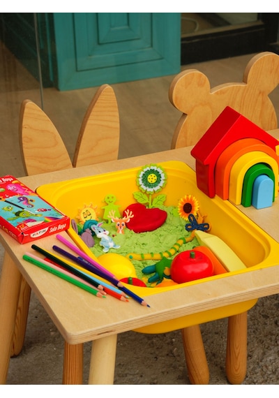 Wood&joy Çift Bölmeli Duyusal Aktivite Merkezi ve 2 Sandalye Seti Sarı