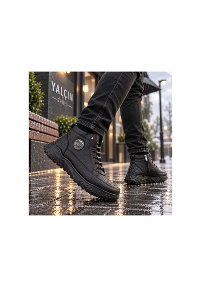 Yalçın Erkek Siyah Suni Deri Bot Kışlık Outdoor Bot Lastik Bağcıklı Yan Fermuarlı Günlük Bot Siyah - 925400106 Siyah
