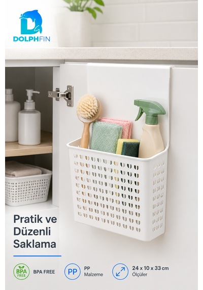 Büyük Askılı Dolap Organizeri 24x10x33 Cm Kapak Arkası Mutfak Banyo Düzenleyici Sepet Beyaz