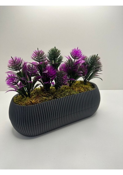 Uzun Gri Saksıda Yapay Çiçek Yeşil Iğneli Çam Demeti Dekoratif Mutfak Banyo Masa Çiçeği 21x9x7 Cm - Fuşya