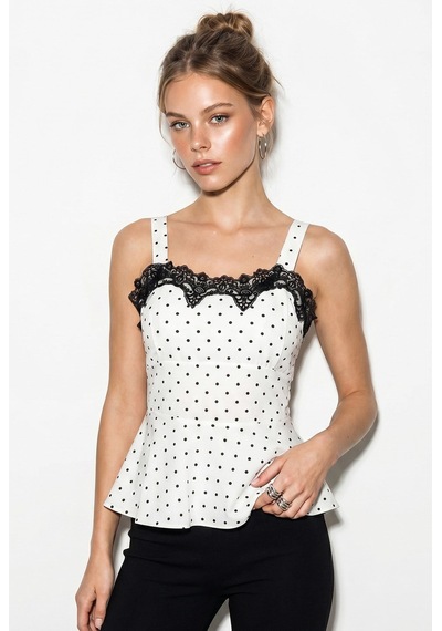 Kadın Dantel Detaylı Askılı Puantiyeli Peplum Bluz 5557 60286338 - Beyaz-siyah Çok Renkli