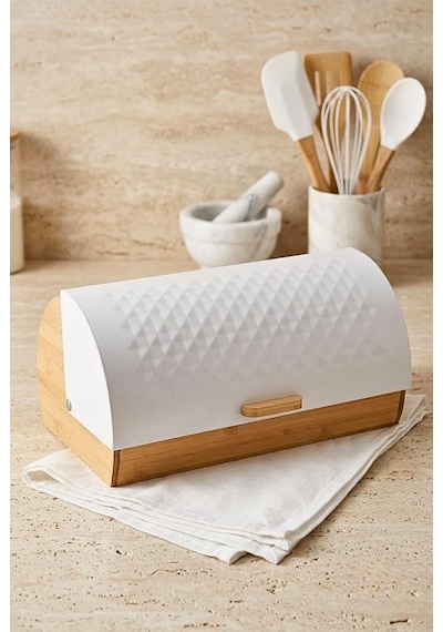Bambu Gövdeli Beyaz Pane Ekmek Dolabı 38x25x18.5 Cm - Mekanizmalı Metal Kapaklı Ekmeklik