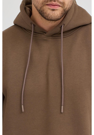 Polostate Erkek Kahverengi Standart Fit Normal Kesim Içi Polarlı 3 Iplik Kapüşonlu Pamuklu Sweatshirt Kahverengi