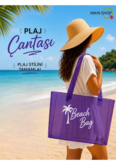 Mainshop Mor Şeffaf Beach Bag Kadın Plaj Çantası Büyük Hacimli M-plj01