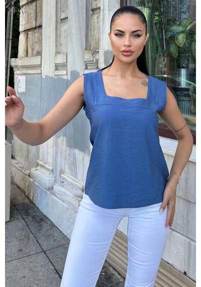 WeShaya Kadın İndigo Kalın Askılı, Kare Yaka, Salaş Keten Bluz Indigo