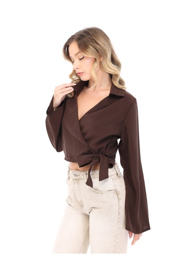 Blayn Jeans Blayn Kadın Beyaz Kruvaze Yaka Belden Bağlamalı Uzun Kollu Şık Bluz Kahverengi
