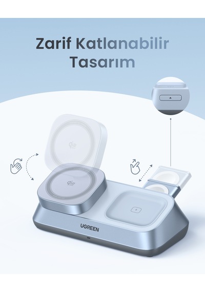 Ugreen Magflow 3-in-1 Qi2 25w Magsafe Manyetik Kablosuz Şarj İstasyonu, 55677