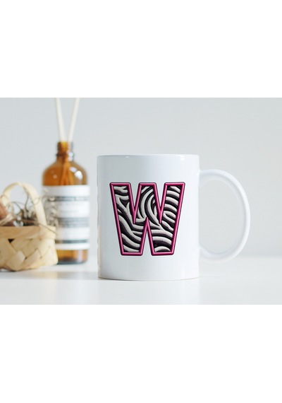 W Harfi Zebra Deseni Ve Pembe Kenarlı Kupa Bardak - Kişiye Özel Nakış Efektli - Siyah Beyaz Pembe Beyaz