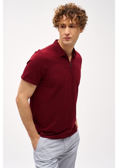 Bordo Slim Fit Dar Kalıp Fermuarlı Polo Yaka Düz Kısa Kollu Tişört-16407 Bordo