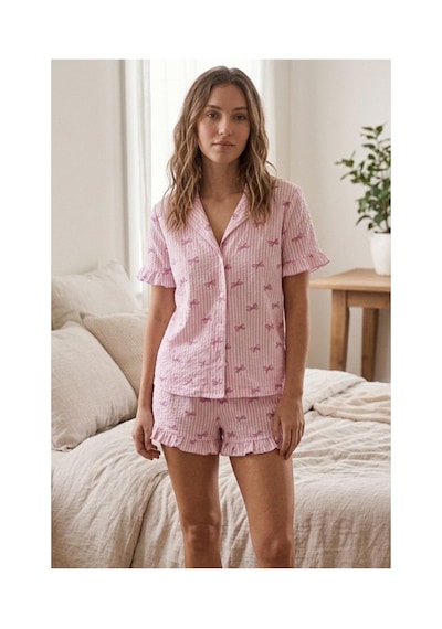 Fit Women Kurdele Desenli Fırfır Detaylı Şortlu Pijama Takımı 8071 Pembe