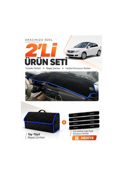 Renault Latıtude 2010-2015 Uyumlu Torpido Örtüsü + Tay Tüyü Bagaj Çantası + Sticker - Siyah Mavi