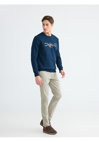 Lcwaıkıkı Classic Lacivert Bisiklet Yaka Baskılı Erkek Kalın Sweatshirt