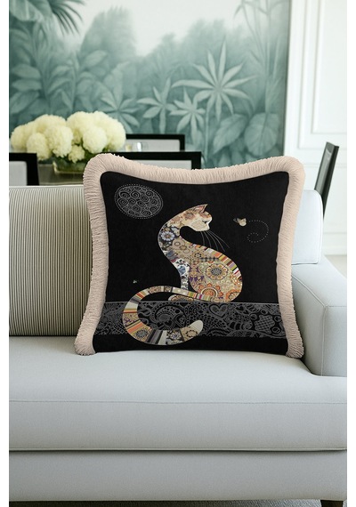 Barok Patchwork Kedi Saçaklı Yastık Kılıfı - Siyah Zarif Bohem Altın Renkli Püsküllü Kırlent Kılıfı Yosunlu Koyu Bej Barok Patchwork Kedi Saçaklı Yastık Kılıfı - Siyah Zarif Bohem Altın Renkli Püsküllü Kırlent Kılıfı Yosunlu Koyu Bej