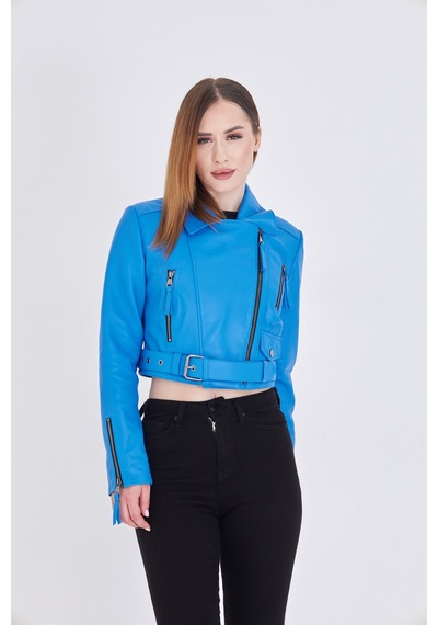 M M Marki Marki Kadın Mavi Hakiki Deri Crop Ceket Biker Stil, Kruvaze Yaka, Kemerli, 52 Cm - 117622