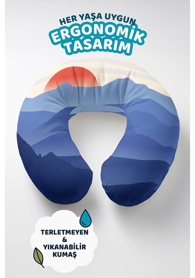 Gün Batımı Manzaralı Ergonomik Boyun Yastığı - Doğal Dağ Silüetli Mavi Krem Yumuşak Seyahat Yastığı Fırtına Avokado