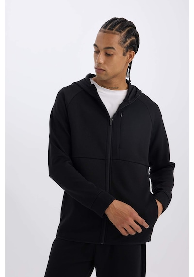 DeFactoFit Slim Fit Dar Kesim Kapüşonlu Skuba Dalgıç Kumaş Fermuarlı Sporcu Sweatshirt A6956AX25SPBK81