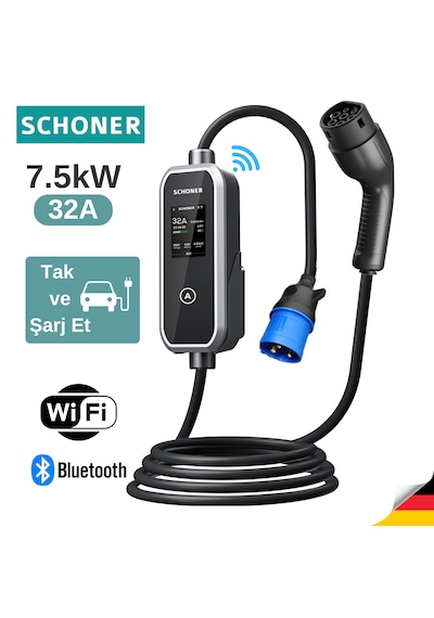 Schoner 7.5kw Taşınabilir Elektrikli Araç Şarj Istasyonu -tak Ve Şarj Et- Wi-fi/bluetooth Smart 5 Metre Tip2 Kablolu 7.4 kW