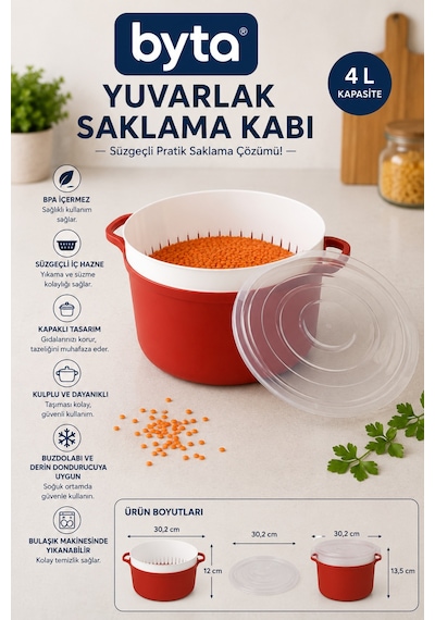 4 L Süzgeçli Yuvarlak Saklama Kabı Bpa Free Kapaklı Sebze, Meyve Ve Gıda Saklama Kabı Buzdolabı Uyumlu Diğer