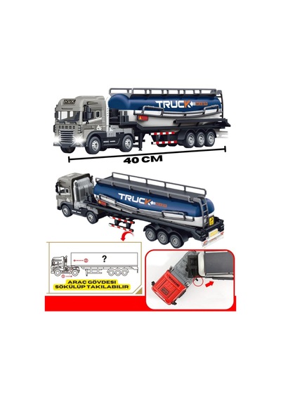 Işıklı Sesli Diecast Tanker Tırı Oyuncağı - 1:24 Ölçek Metal Kafalı, Ayrılabilir Dorseli Çocuk Model Araba