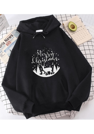 Marry Christmas Geyikli Yeni Yıl Kapşonlu Sweatshirt 001
