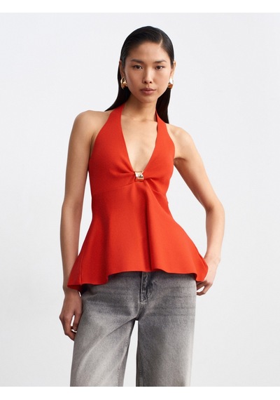 Dilvin 10787 Halter Yaka Peplum Triko Bluz-a.kırmızı