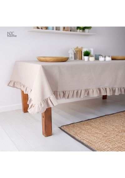 Dnc Home Tekstil  Bej Keten Fırfırlı Masa Örtüsü Bej