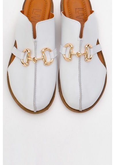 Luvishoes Luvi Shoes Favor Beyaz Cilt Hakiki Deri Tokalı Önü Kapalı Kadın Terlik Beyaz