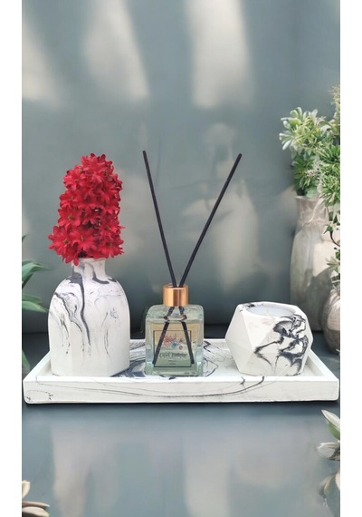 Mermer Desenli Mum Ve Vazo Seti - Vazo Oda Kokusu Tealight Mumluk Ve Mum Dikdörtgen Tepsi Beyaz - Siyah
