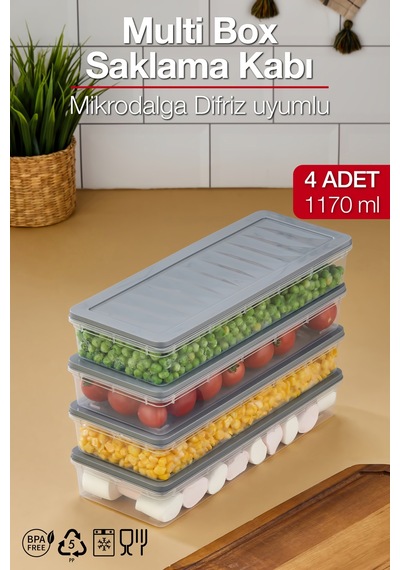 Multi Box 4 Lü Set Saklama Kabı Seti - Dondurucu & Mikrodalga Uyumlu Gri