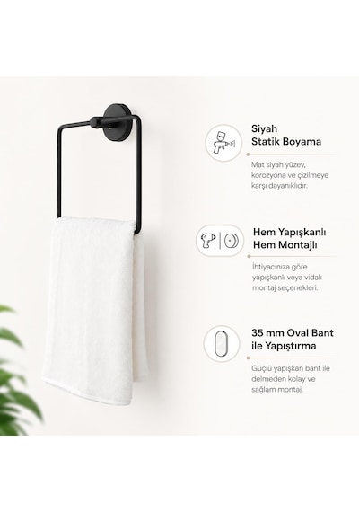 Lotus Siyah Kare Havluluk, Yapışkanlı Ve Vidalı Montajlı Banyo Havlu Askısı, Mat Siyah Statik B Diğer