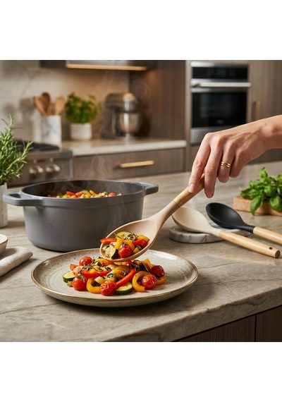 30 Cm Bambu Saplı Silikon Servis Kaşığı, Derin Hazneli Yemek Kaşığı, Makarna Sebze Pilav Ve Günlük Servis İçin Mutfak Kaşığı, Askı Delikli, 3 Renk Asorti Karışık Gönderim