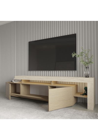 Beliz Modern Led Işıklı 3 Kapaklı, Raflı Tv Sehpası 192 Cm Traverten/sıcak Meşe