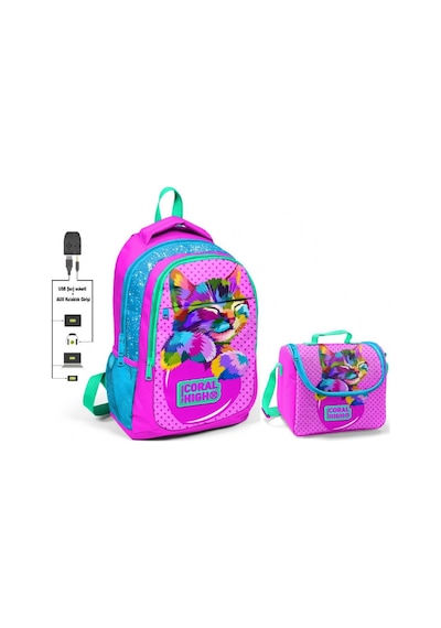 Coral High Pembe Sevimli Kedi Okul ve Beslenme Çantası - Kız Çocu