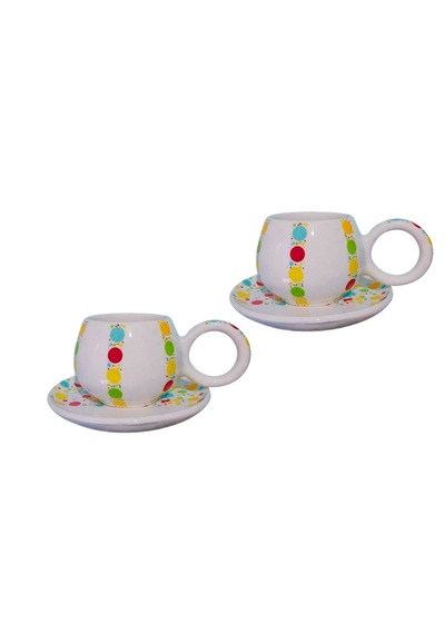 Dyris 2 Li Renkli Kahve Fincanı Seti 7 Cm Fincan 12 Cm Tabak Espresso Cappuccino Americano Beyaz X Renkli