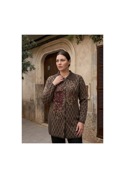 Onno Style Women Ekose Gül Pike Desenli Çelik Örgü Kadın Triko Kaban Kahverengi