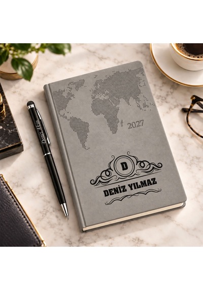 Bk Gift Kişiye Özel 378 Termo Deri Tarihli Ajanda & Siyah Touch Pen Tükenmez Kalem-14 Gri