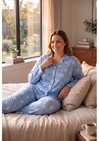Seboteks Süet Kumaş Önden Düğmeli Büyük Beden Kadın Pijama Takımı 2800 Mavi
