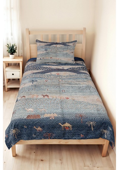 Mavi Etnik Genç Odası Tek Kişilik Pike Takımı - Bohem Deve Figürlü 160x220 Cm Kapitone Yatak Örtüsü Altın