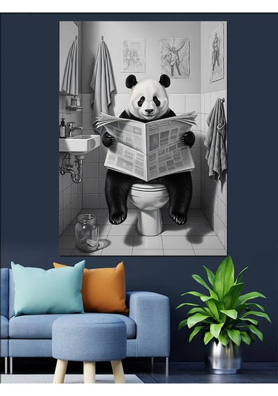 Ahşap Tablo Tuvalette Gazete Okuyan Panda