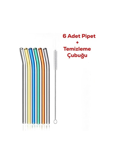 Perotti Straw 6'li Renkli Cam Eğimli Isıya Dayanıklı Borosilikat Pipet Ve 1 Adet Pipet Temizleme Fırçası Diğer