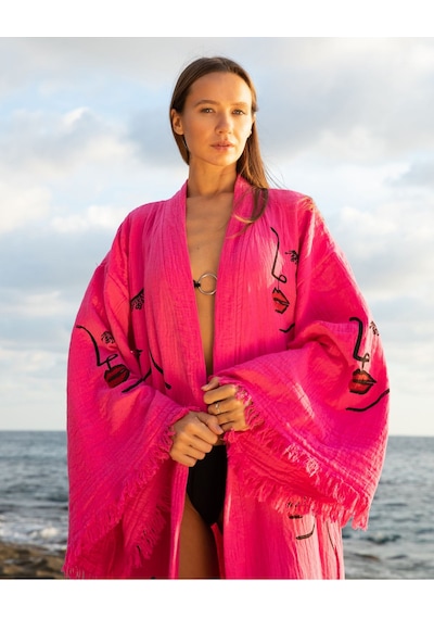 Befera Müslin Kimono Pamuklu Kadın Silüeti Desenli Bornoz Kaftan Sabahlık Fuşya
